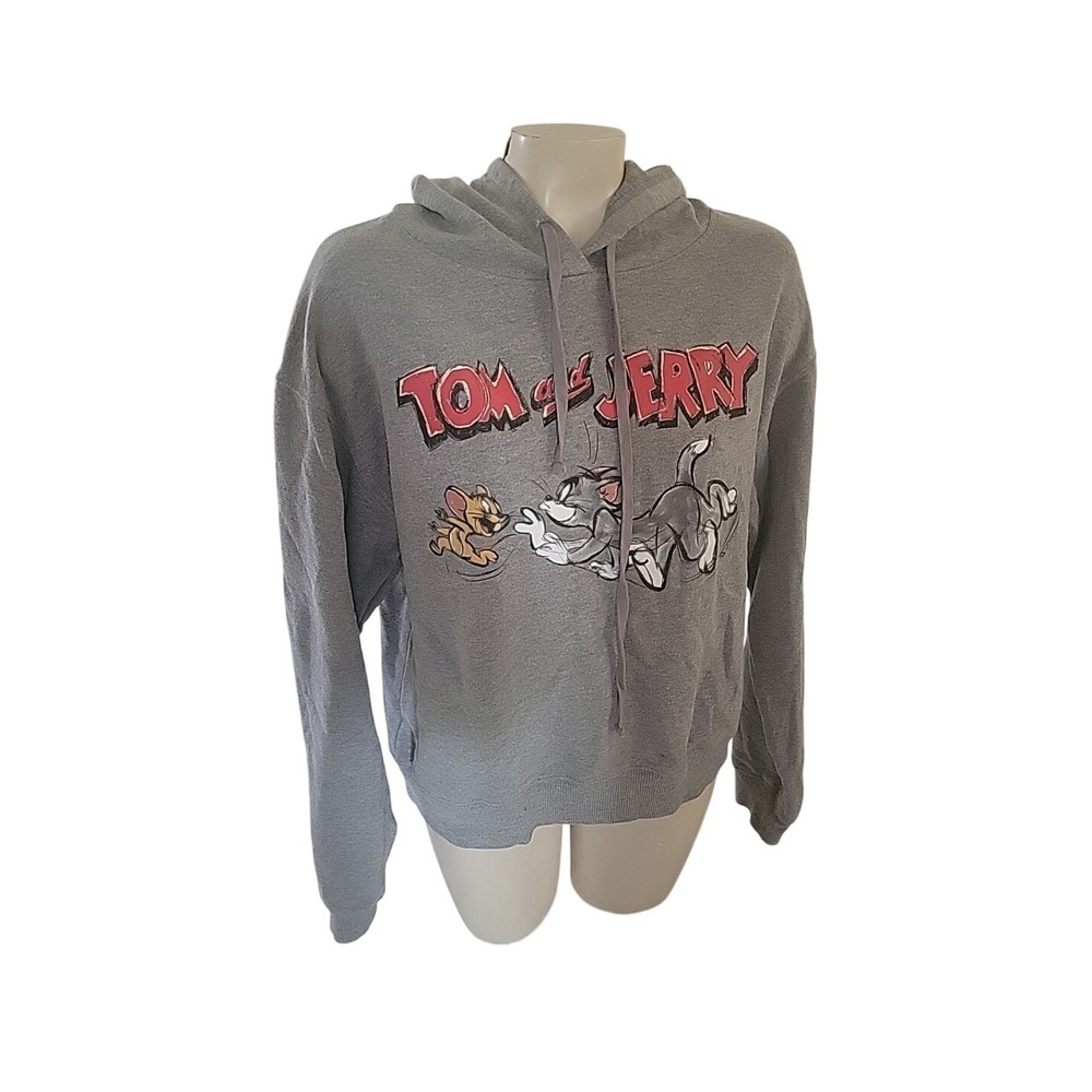 TOM & JERRY L Pullover Graphic Print Grey Hoodie Logo Cartoon 90's Streetwear Y2